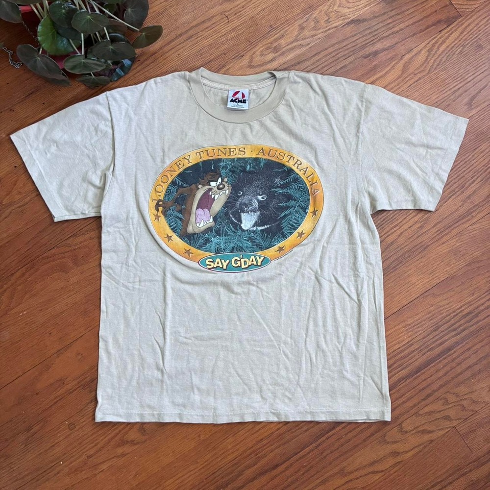 Vintage 1995 Looney Tunes Australia Taz Say G'Day Acme T-Shirt Tan Mens L